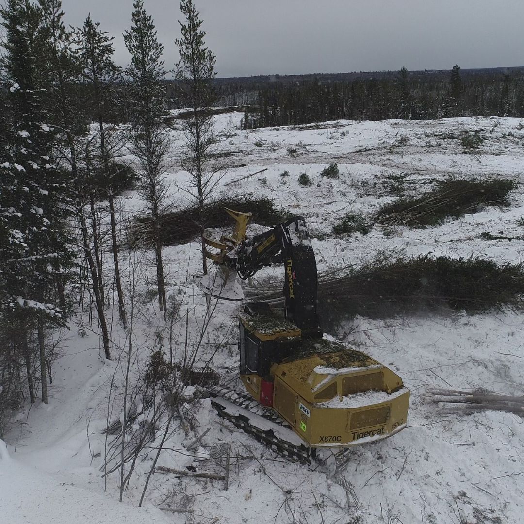 Caron Equipment A yellow forestry machine from Caron Equipment operates efficiently in a snow-covered, partially cleared area. Scattered trees and hills form the backdrop, showcasing the precision often required in civil construction projects.